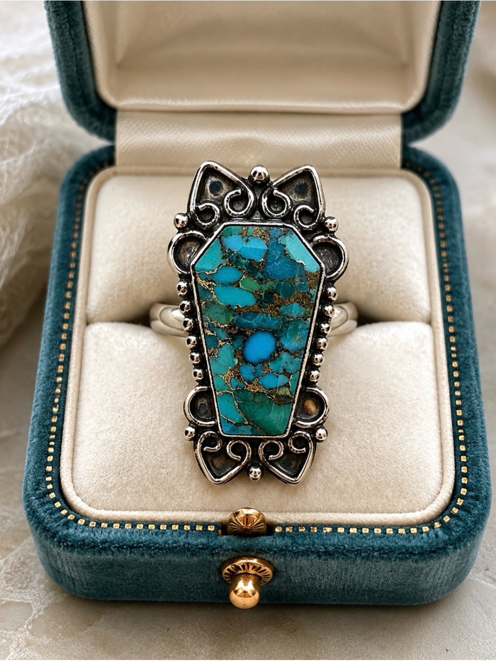 Ring Turquoise “Coffin” Ring 925 Sterling Silver Boho Southwestern Gothic